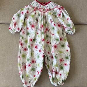Petit Pomme Baby Smocked Romper Red Green Holiday Print Cotton One Piece